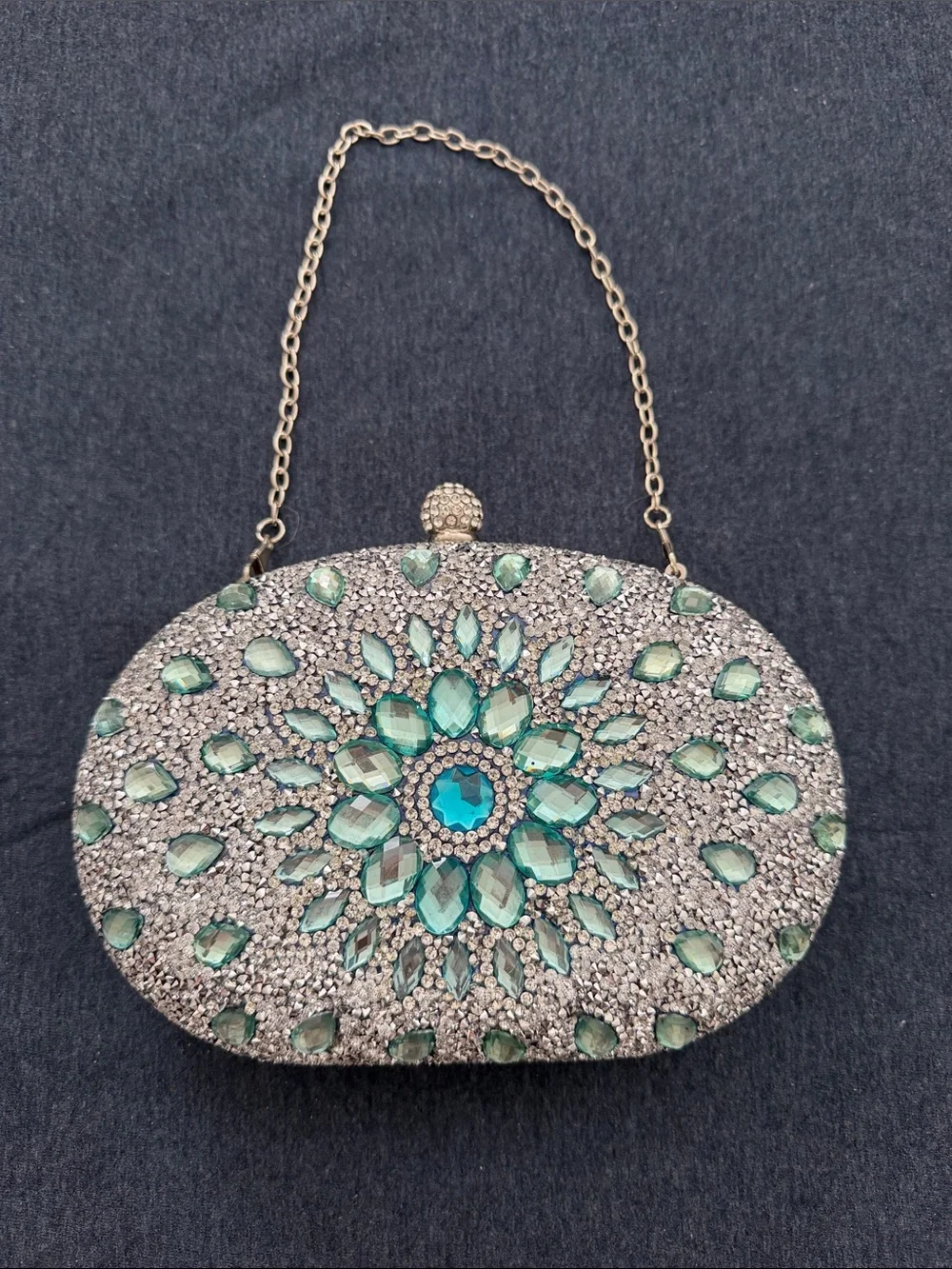 Embellished Teal Crystal Evening Clutch with Chain